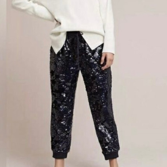 Anthropologie ett:wa Velvet sequin joggers size Small navy fully lined - Picture 1 of 9
